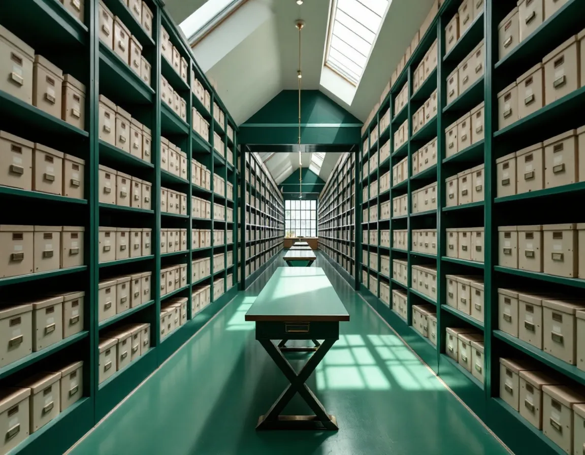 A symmetrical archive room with emerald shelving and a band of daylight across a long reading table