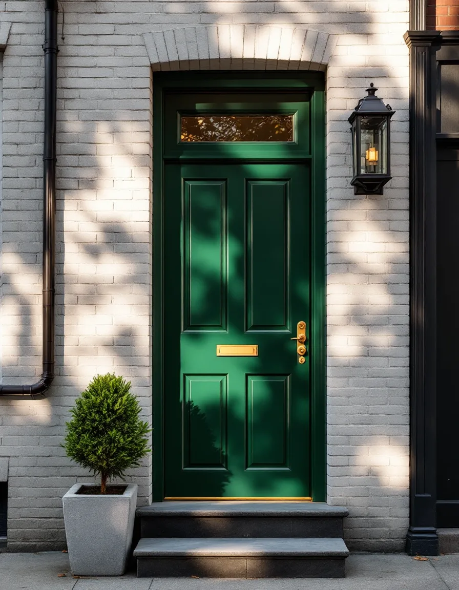 A green painted front door with a brass letter slot in a pale brick facade, morning light across the step